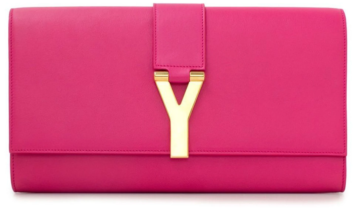 Saint Laurent Y Clutch Large Fuschia in Calfskin Leather with Gold-tone ...