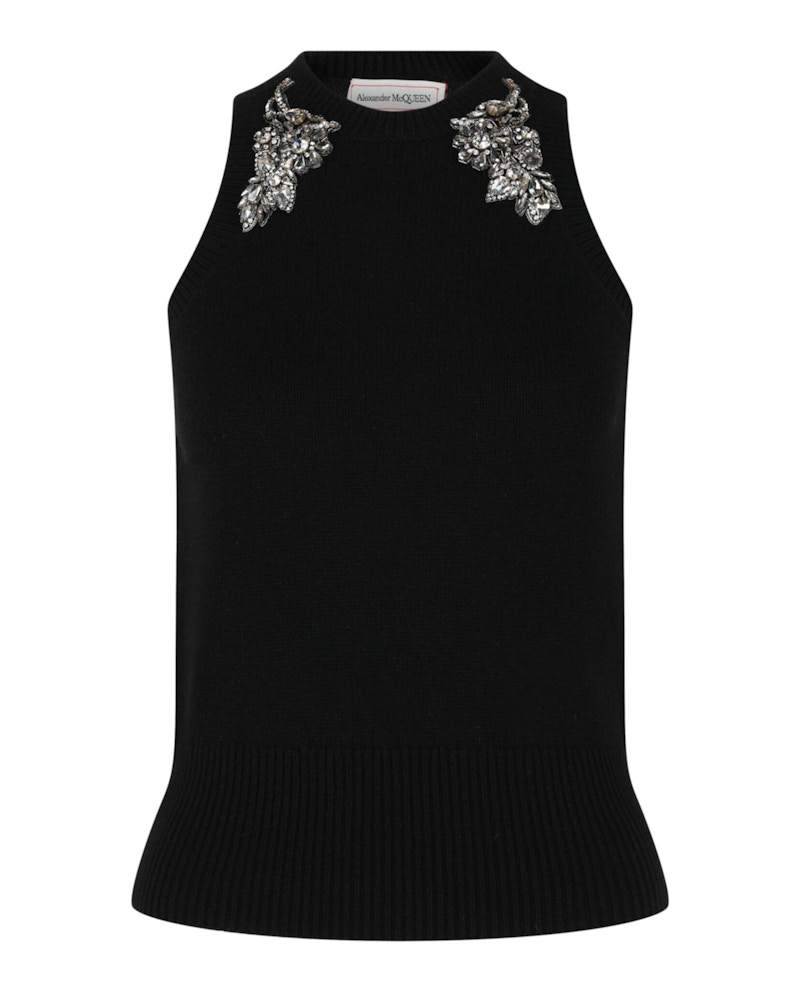Alexander McQueen Crystal Embellished Racerback Tank Top Black Crystal