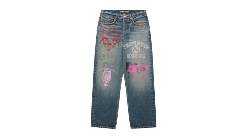 Sp5der Multi Print Studded Denim Pant Indigo