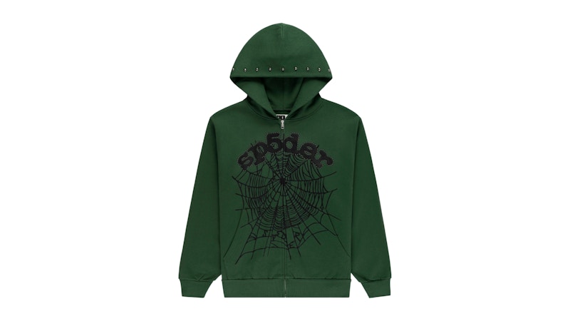 Pre-owned Sp5der Men's Og Web Studded Zip Hoodie In Green
