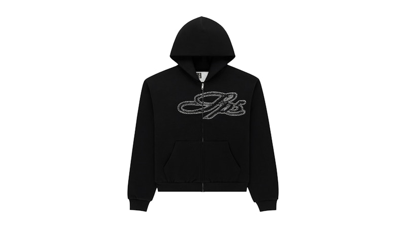 Sp5der Rhinestone Script Zip Hoodie Black