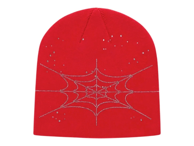 Sp5der Star Rhinestone Skully Beanie Red