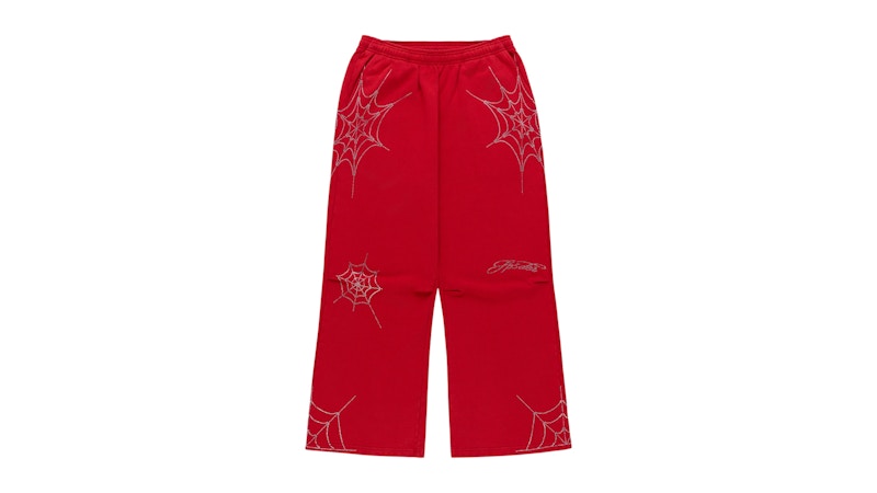 Sp5der Rhinestone Web Sweatpant Red