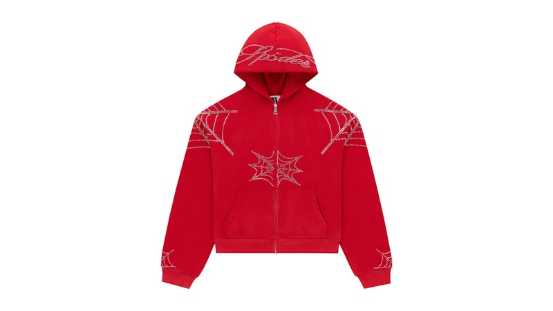 Sp5der Rhinestone Web Zip Hoodie Red - SS26 - US
