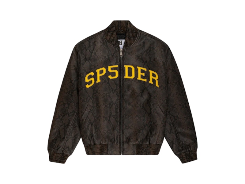 Pre-owned Sp5der Men's  Snake Leather Varsity Bomber Jacket In Brown