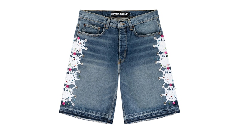Sp5der Web Stone Denim Shorts Light Blue Wash Men's - SS25 - US