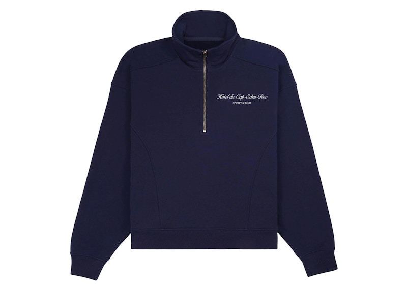 Pre-owned Sporty And Rich Hotel Du Cap Cursive Quarter Zip In Navy Blue/white