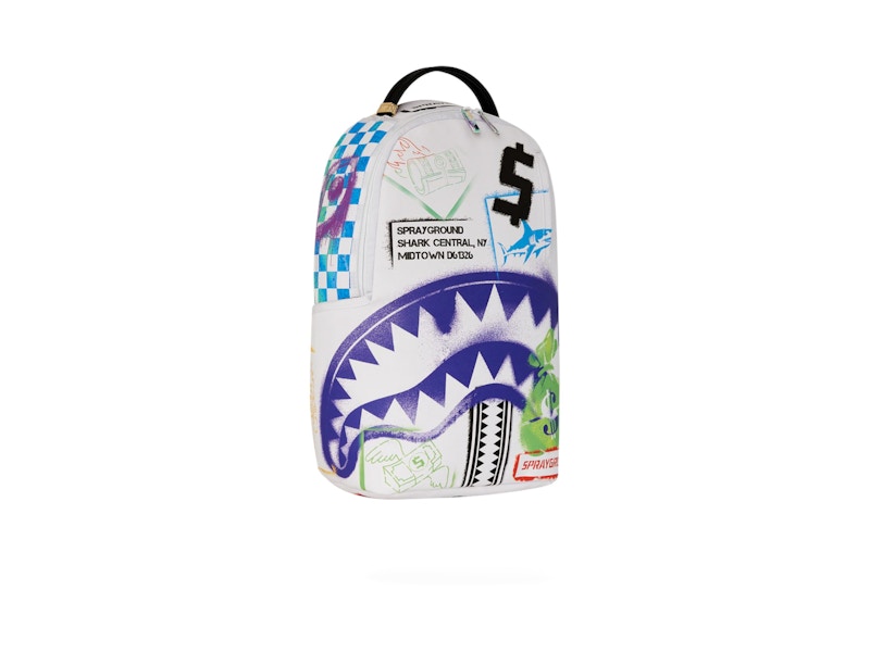 Pre-owned Sprayground Shark Central Stencils White Dlxsv Backpack In Multi