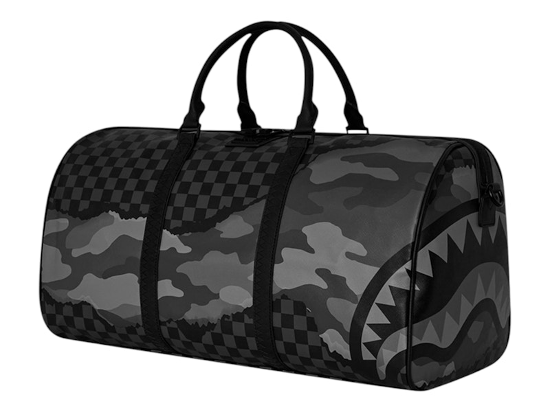 Pre-owned Sprayground Split Up Camo Tear Duffle Large In Black Grey