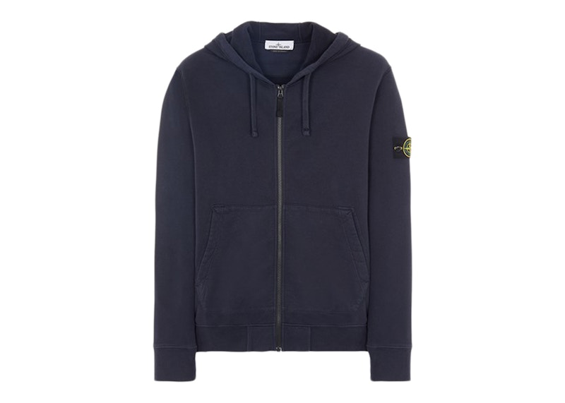 Stone Island 64220 Brushed Cotton Fleece Zip Up Hooded Sweatshirt Blue