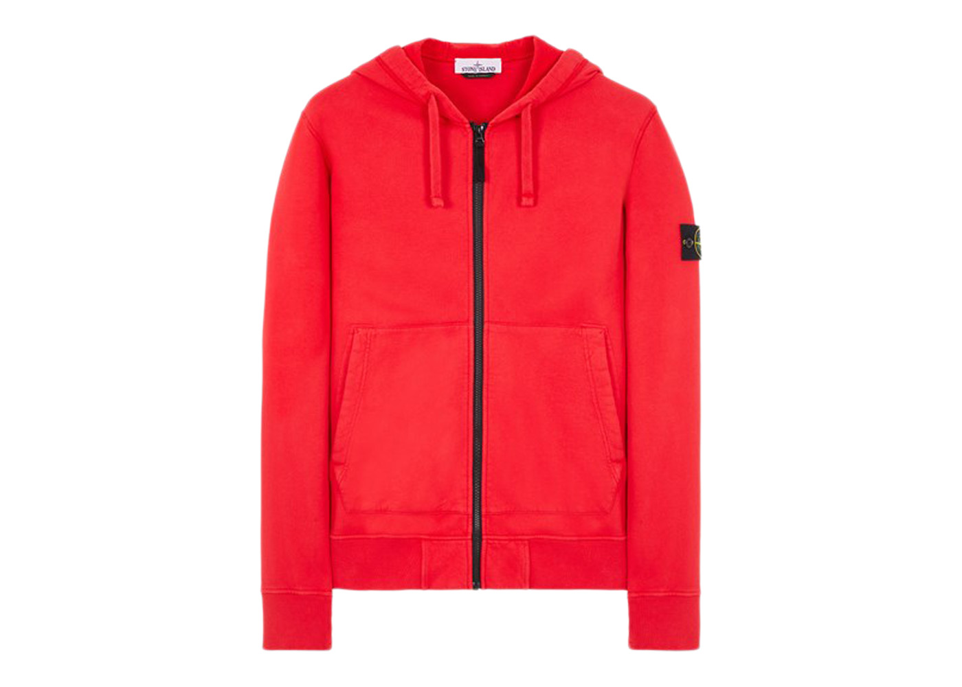 Stone Island 64220 Brushed Cotton Fleece Zip Up Hooded Sweatshirt Red