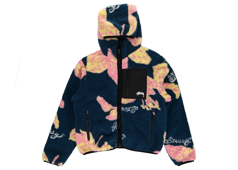 Stussy Floral Sherpa Hooded Jacket Dark Teal