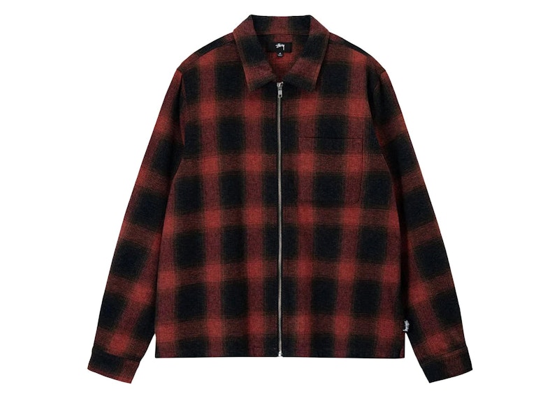 ジャケット・アウター Stussy Brushed Wool Plaid Zip Shirt Red Stussy Hank Plaid Zip Shirt Red Men's - US