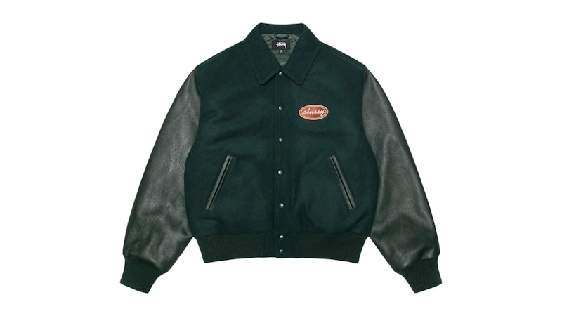 Pre-owned Stussy Men's Script Oval Varsity Jacket In Green