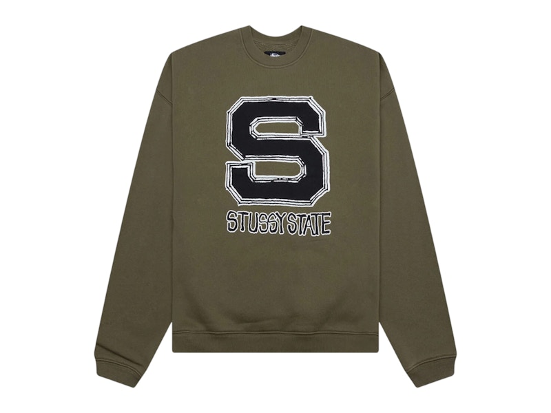 Pre-owned Stussy Men's State Crew Hoodie In Olive In Green