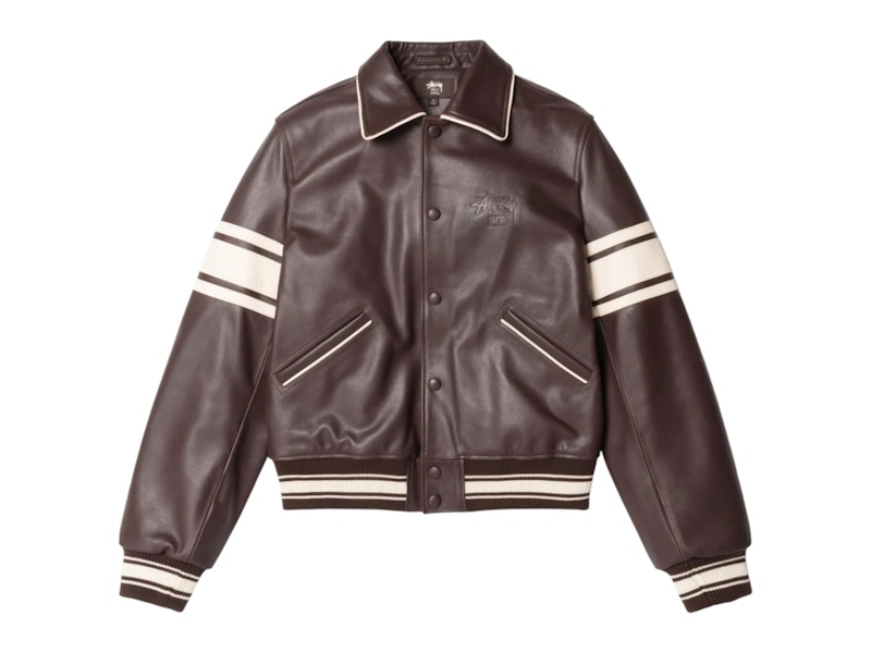 Pre-owned Stussy Men's X Wales Bonner Leather Varsity Jacket In Brown