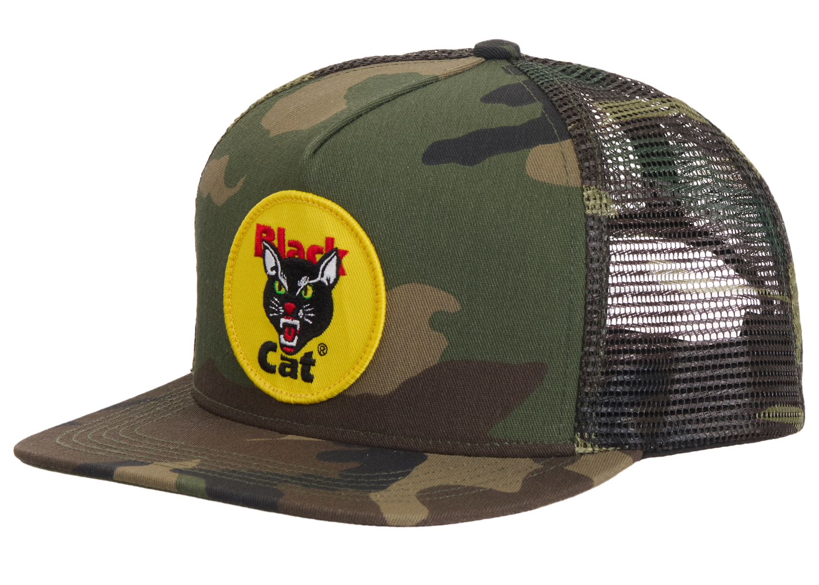 Supreme Black Cat Mesh Back 5-Panel Woodland Camo