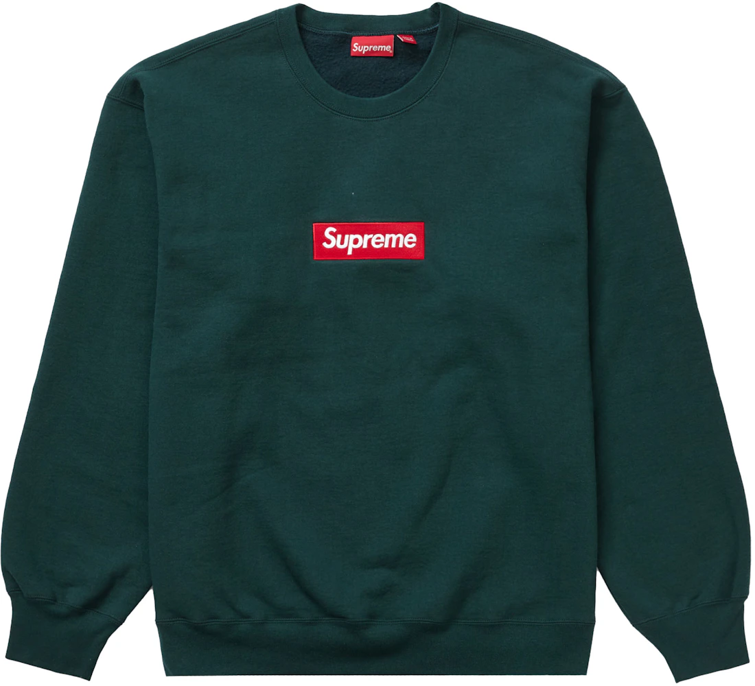 Supreme Box Logo Crewneck (Dark Pine) Heavyweight crossgrain brushed-back  fleece with embroidered logo on chest.