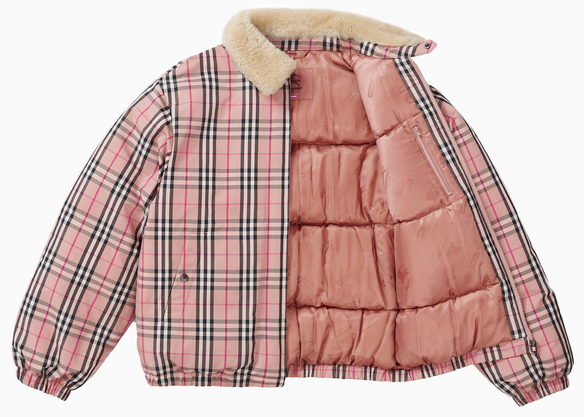 Supreme Burberry Shearling Collar Down Puffer Jacket Pink