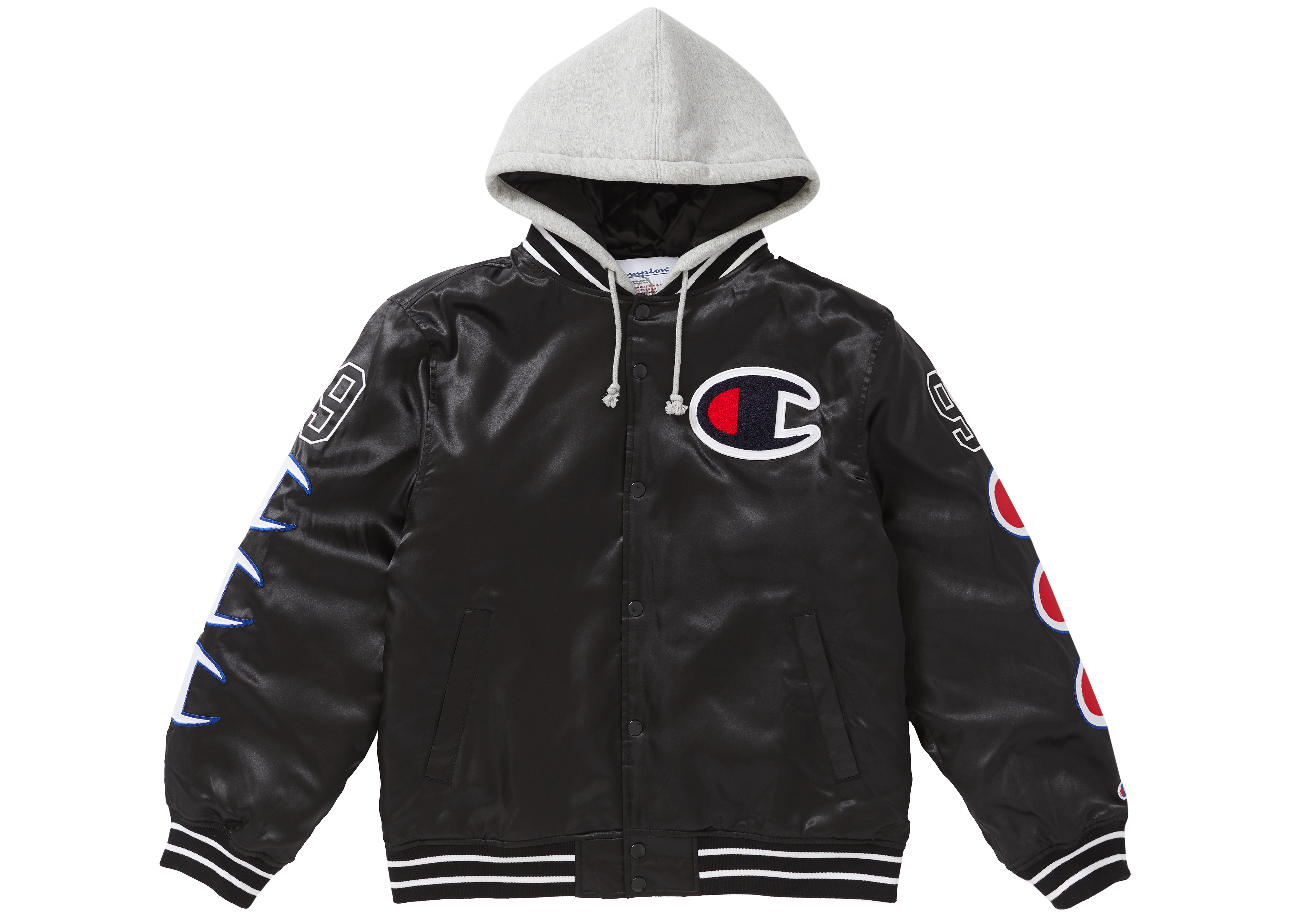 Supreme Champion Hooded Satin Varsity Jacket Black