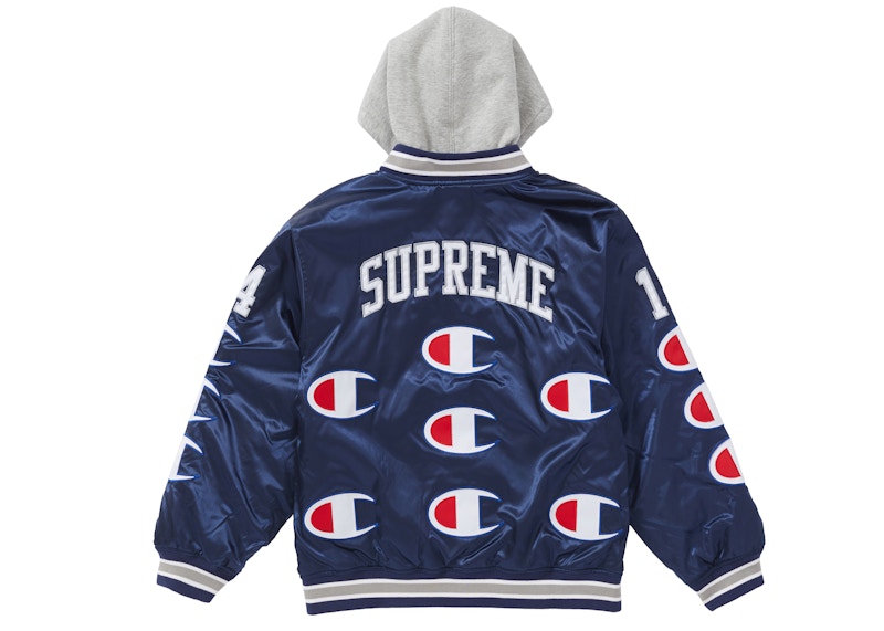 Supreme Champion Hooded Satin Varsity Jacket Navy Men's - FW18 - GB