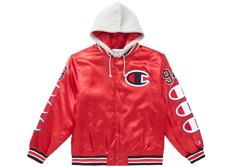 Supreme Champion Hooded Satin Varsity Jacket Red メンズ - FW18 - JP