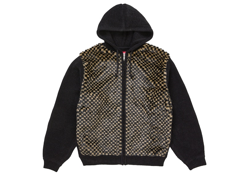 トップス supreme checkerboard zip up sweater Supreme Checkerboard Faux Fur Zip Up Hooded Sweater Black Men's