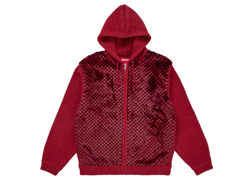 Supreme Checkerboard Faux Fur Zip Up Hooded Sweater Red Men's