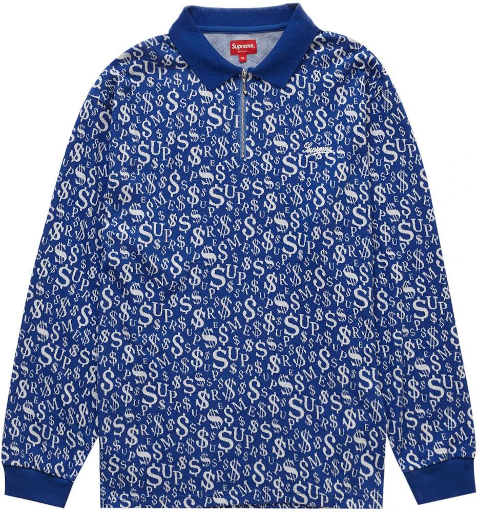 Supreme Currency Jacquard Zip L/S Polo Blue Men's - FW22 - US