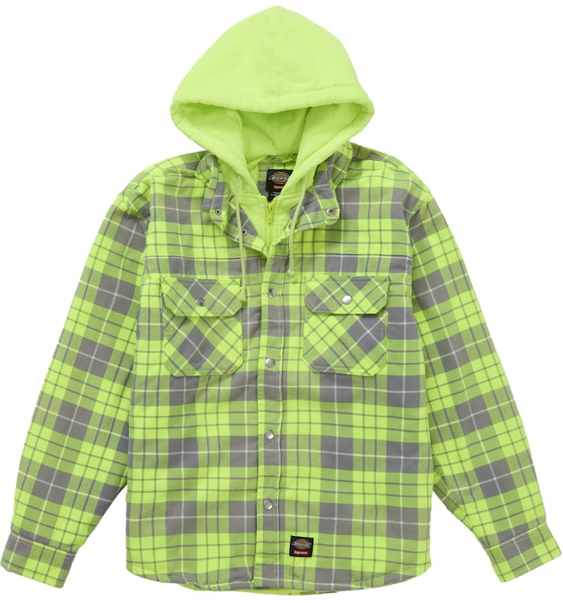 Supreme Dickies Lined Zip Up Hooded Flannel Shirt Neon Green Men's