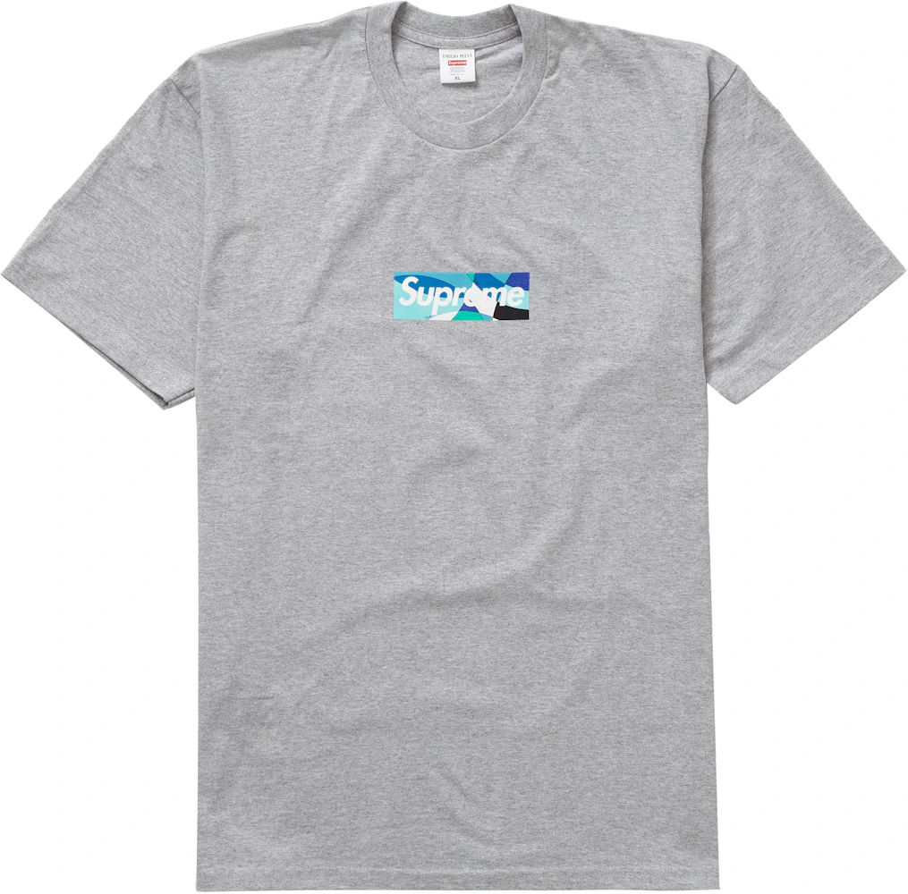 DropsByJay on X: Supreme/Emilio Pucci First look at one of the coming Box  Logo Tee. Expect 3 different colors. Grey, Teal, & Pink abstract (Grey  pictured only) Releasing later this season. 👀