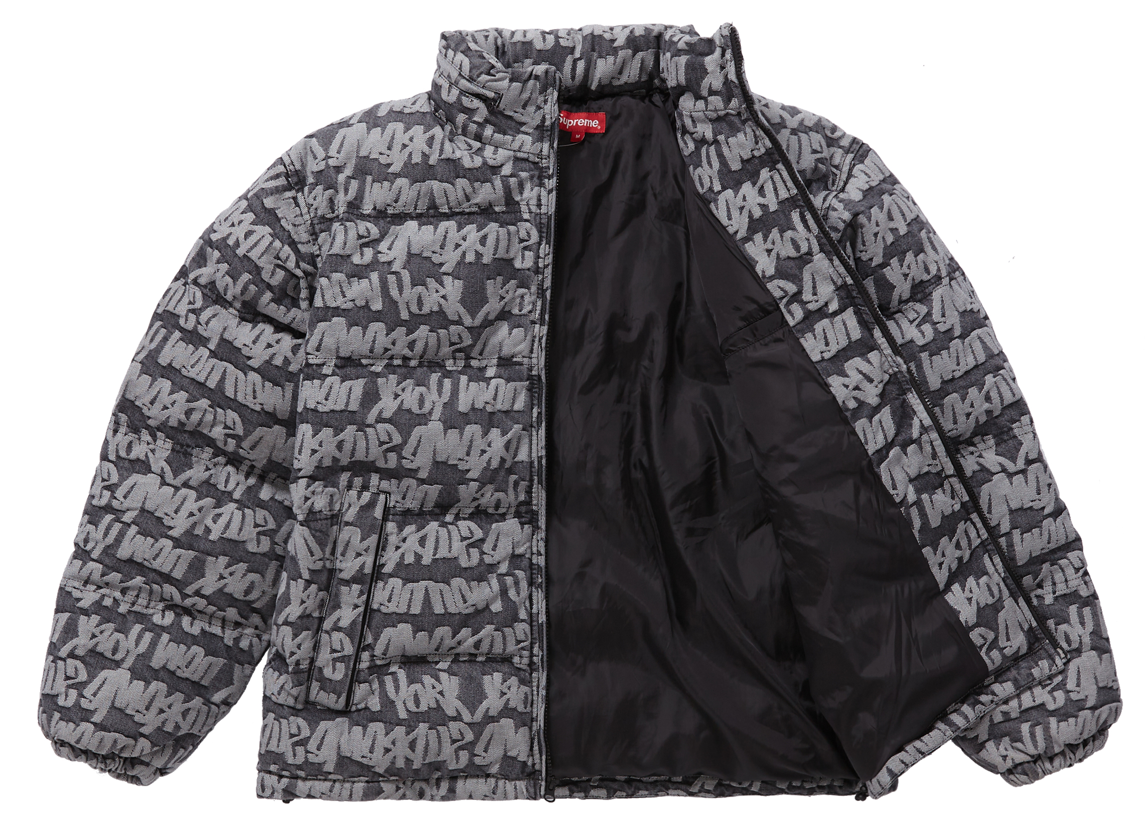 Supreme Fat Tip Jacquard Denim Puffer Jacket Black Men's - SS22 - US
