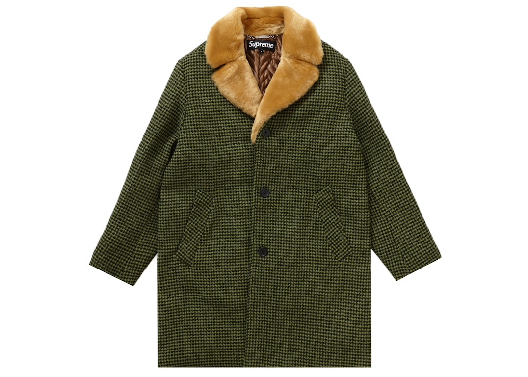 Pre-owned Supreme Fur Collar Car Coat Green Houndstooth