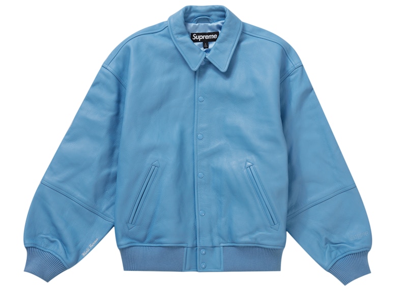 Supreme GORE-TEX Infinium WINDSTOPPER Leather Varsity Jacket Light Blue