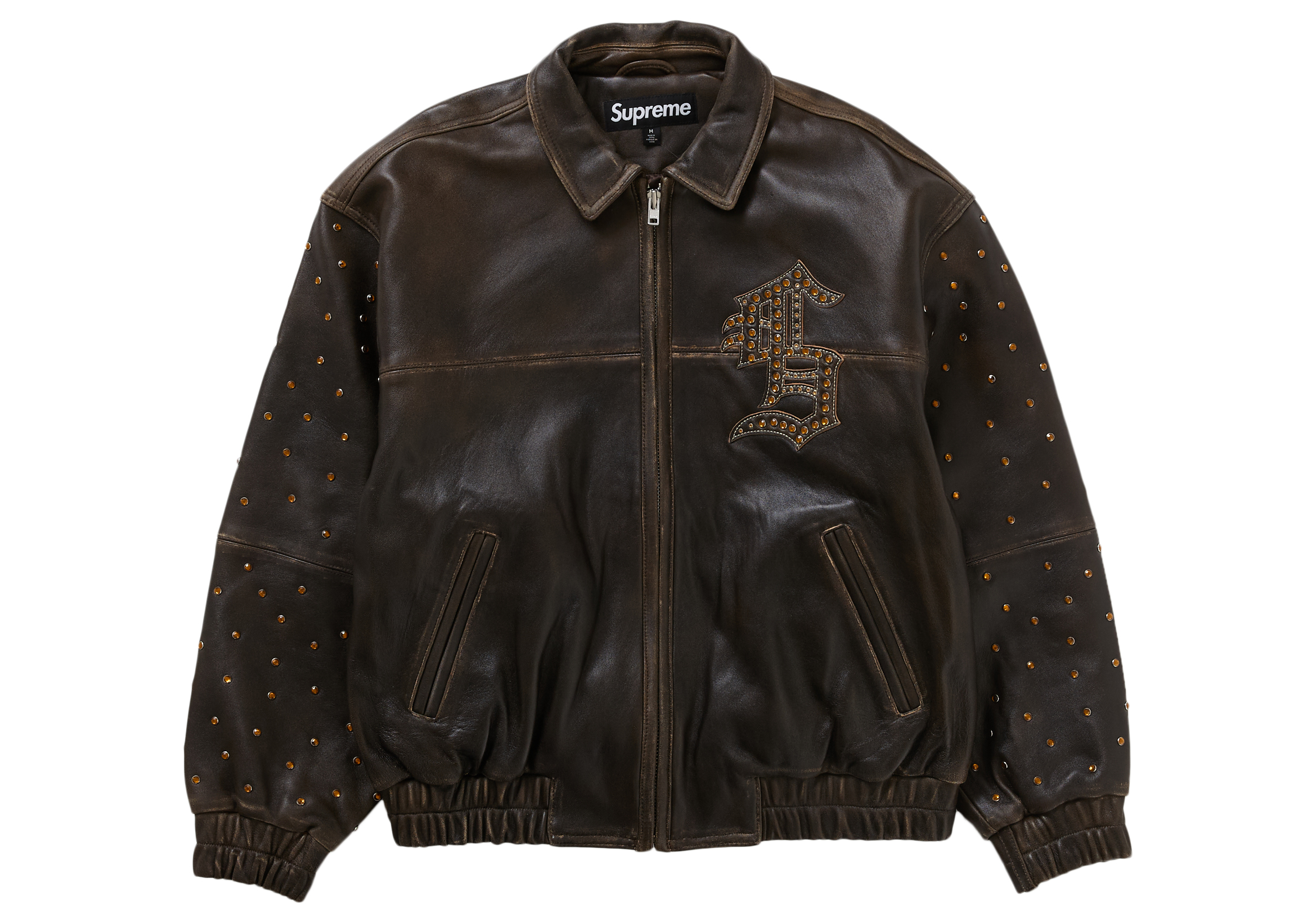 Supreme Gem Studded Leather Jacket Brown