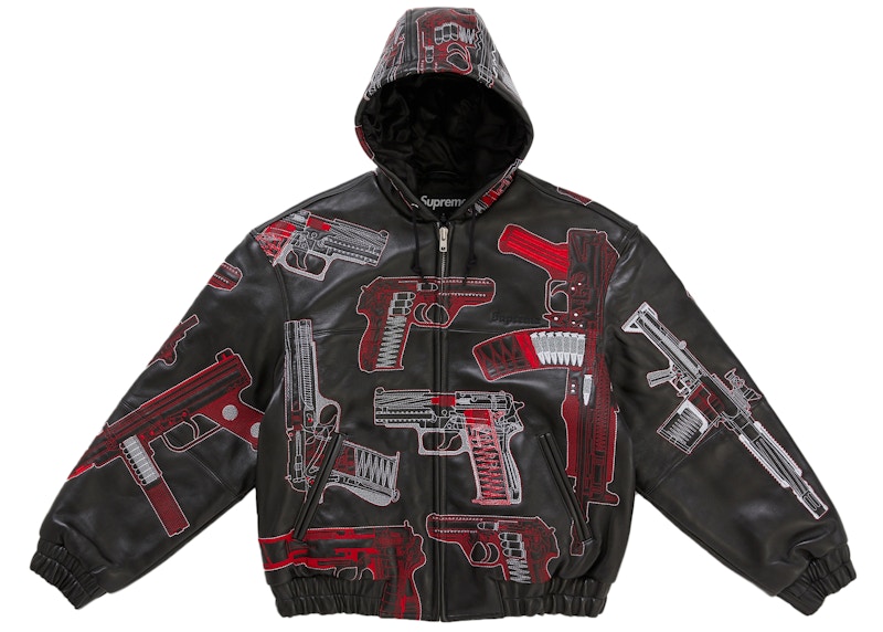 Supreme Guns Embroidered Hooded Leather Jacket Black メンズ - SS26