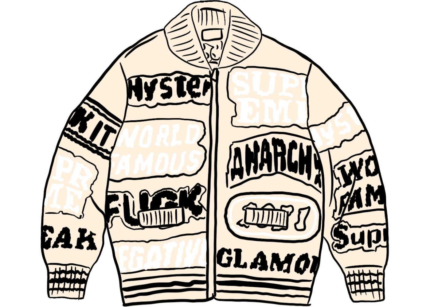 Supreme HYSTERIC GLAMOUR Logos Zip Up Sweater Natural Men's - SS21 Supreme HYSTERIC GLAMOUR Logos Zip Up Sweater Natural Men's - SS21