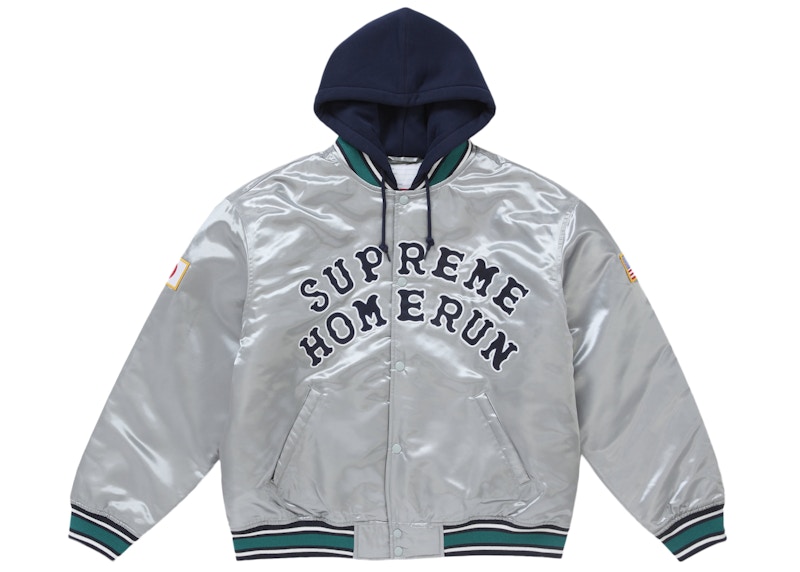 Pre-owned Supreme Men's  Homerun Satin Hooded Varsity Jacket In Silver