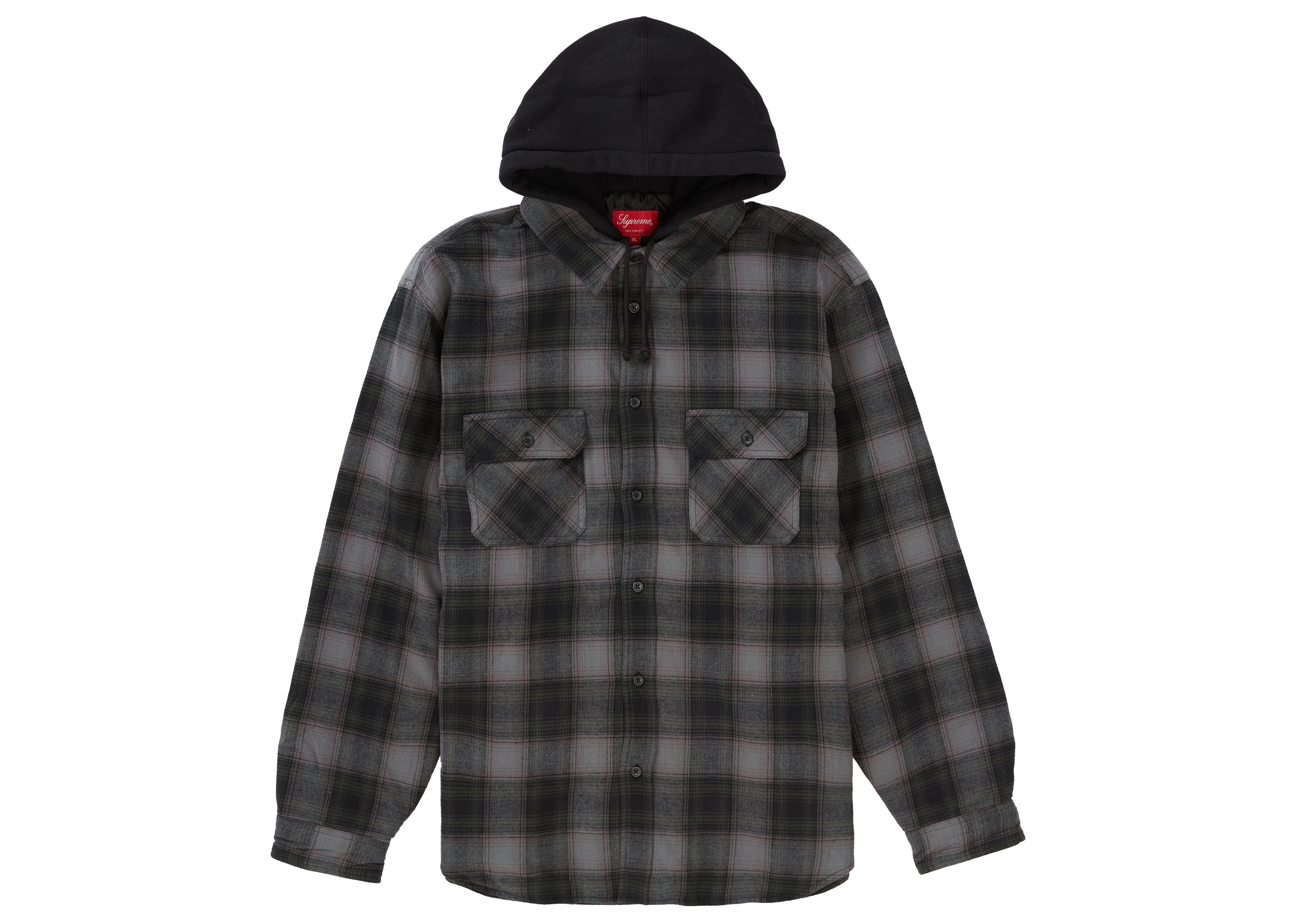 L 黒 Supreme Hooded Flannel Zip Up Shirt