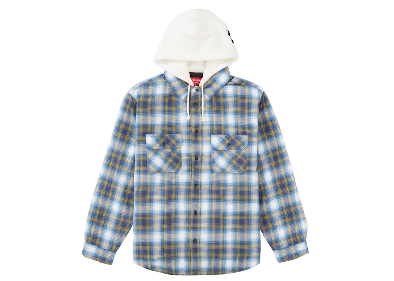 Supreme Hooded Flannel Zip Up Shirt 青 M