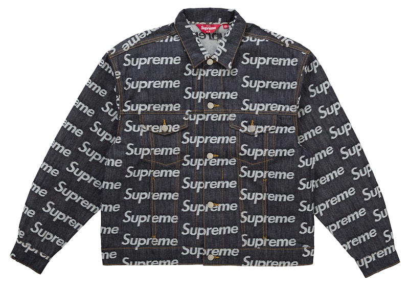Supreme Jacquard Logos Denim Trucker Jacket Rigid Indigo Men's