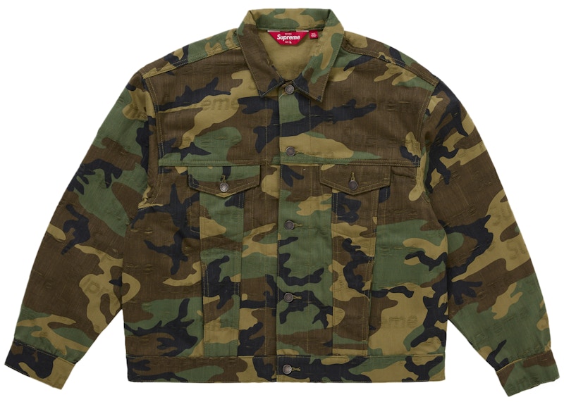 Supreme Jacquard Logos Denim Trucker Jacket Woodland Camo Men's