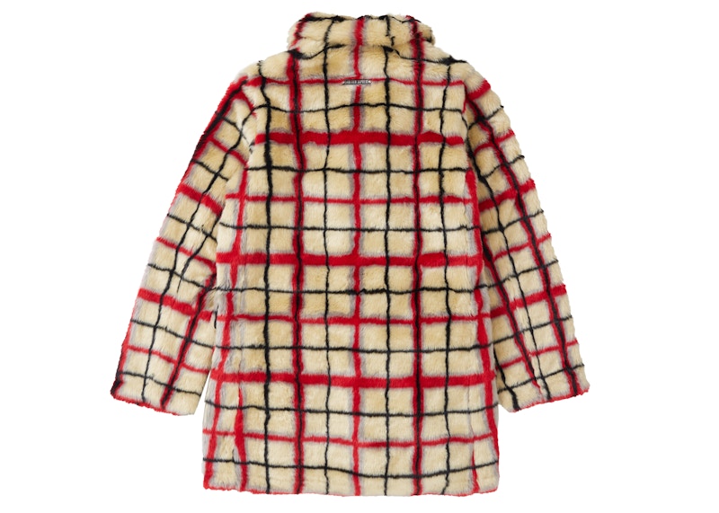 Supreme Jean Paul Gaultier Double Breasted Plaid Faux Fur Coat OffWhite