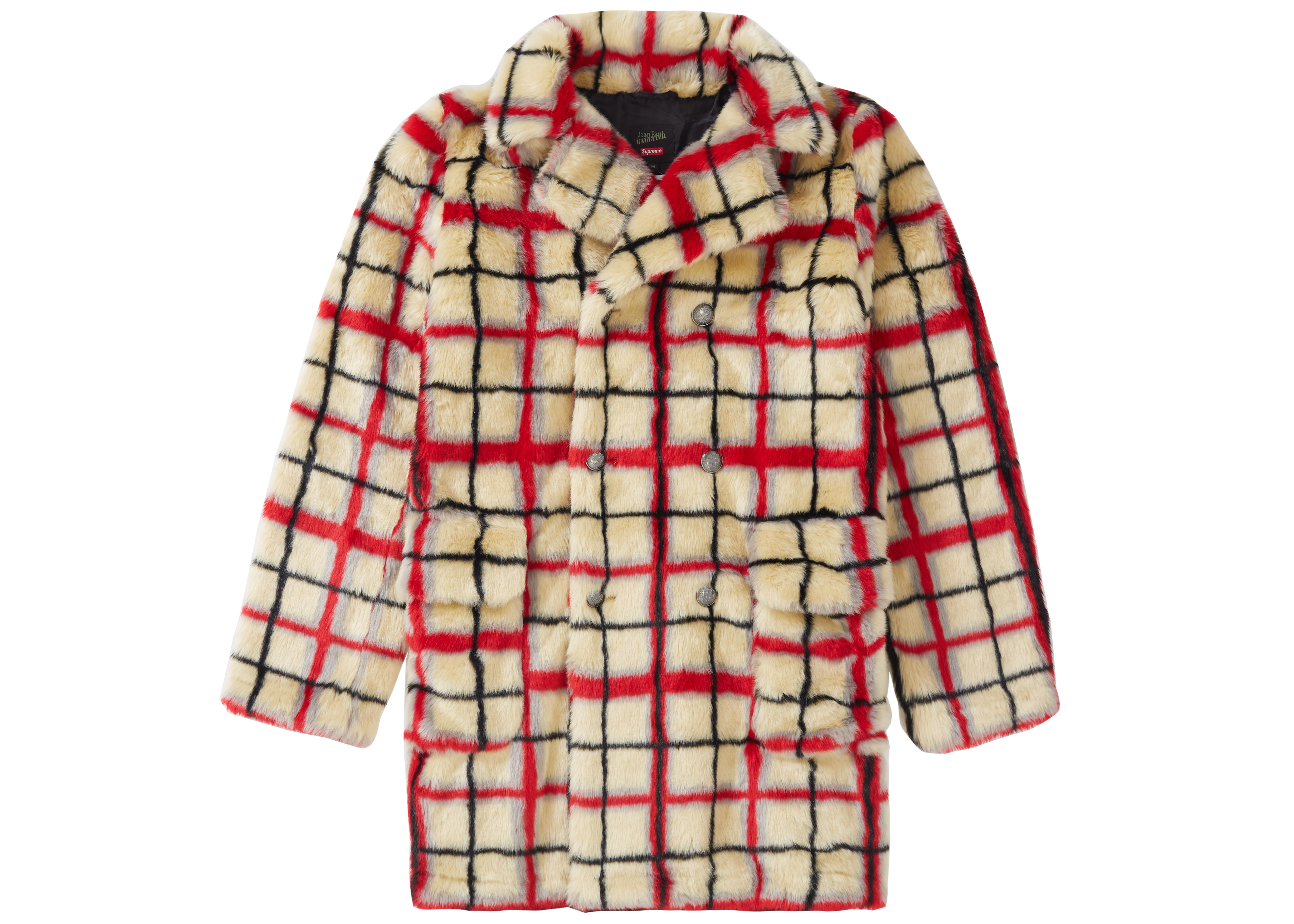 Supreme Jean Paul Gaultier Double Breasted Plaid Faux Fur Coat OffWhite