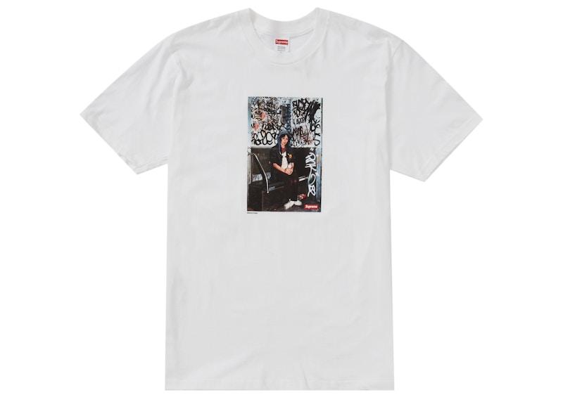 white and pink supreme shirt