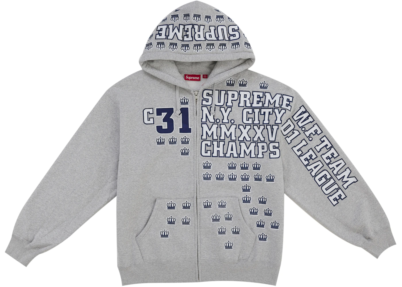 Supreme League Champs Zip Up Hooded Sweatshirt Grey Men's FW25 US
