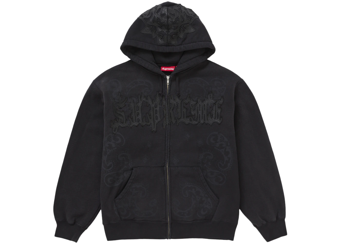 Supreme Leather Applique Zip Up Hooded Sweatshirt Black Men's