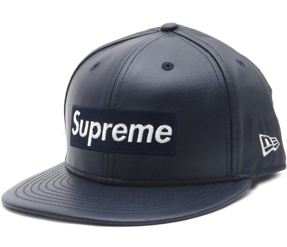 Supreme Leather Box Logo New Era Hat Navy