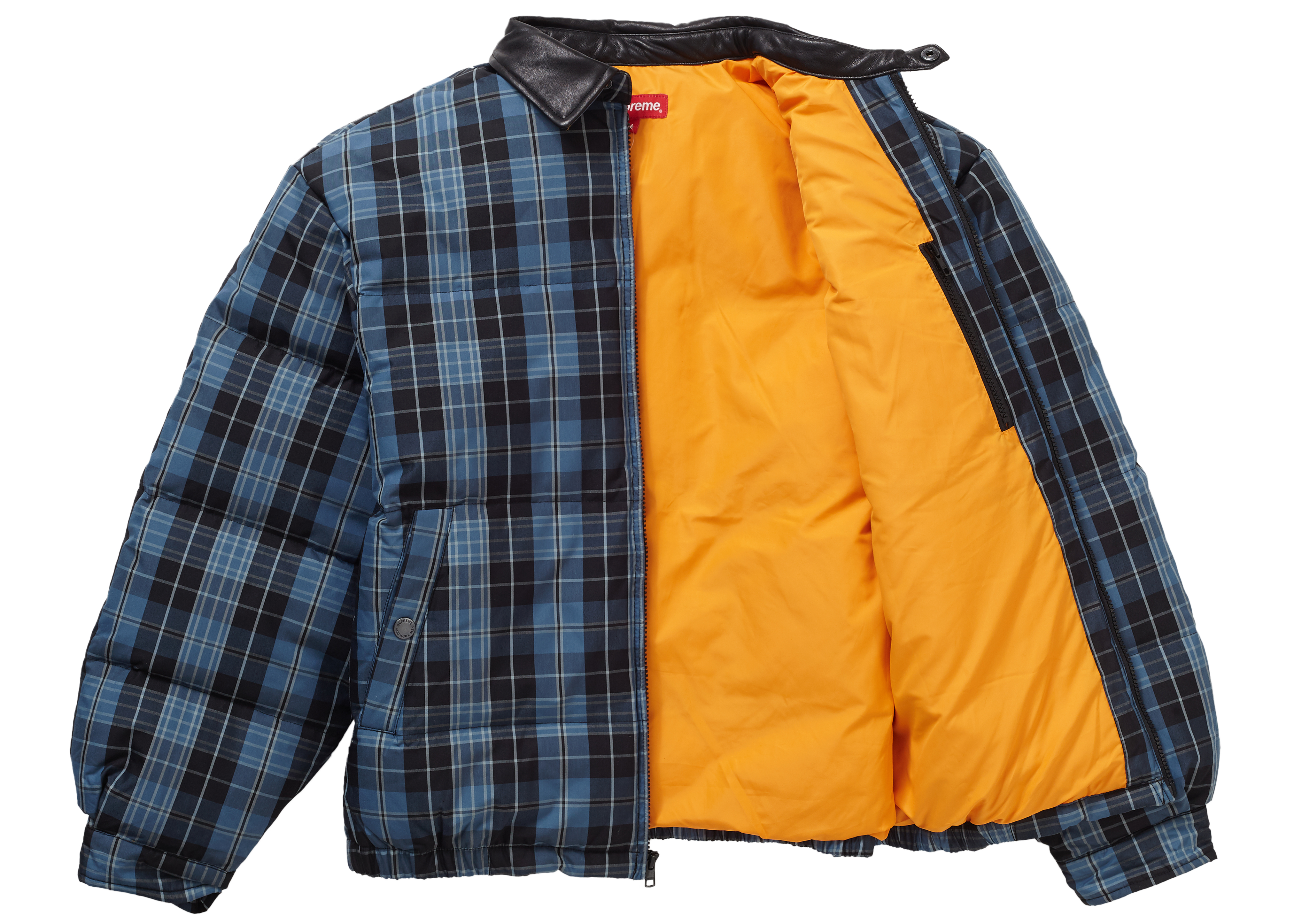 Supreme Leather Collar Puffy Jacket Blue Plaid Men's - FW19 - US