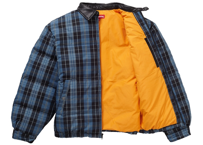 Supreme Leather Collar Puffy Jacket Blue Plaid